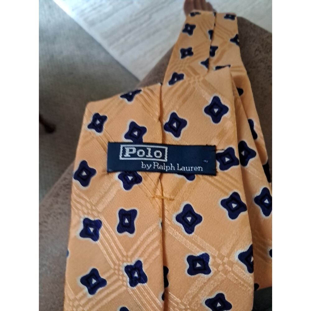 Vintage Polo by Ralph Lauren Mens Tan Blue Geometric Silk Necktie Handmade